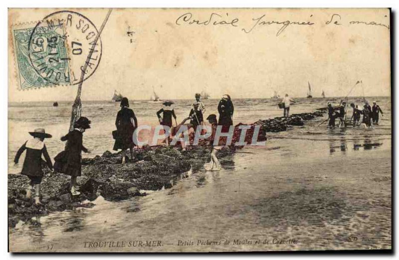 Old Postcard Trouville Sur mussel fishermen Pelits sea and shrimps