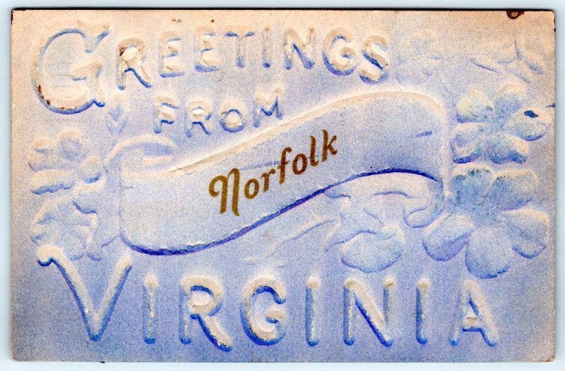 1908 GREETINGS FROM NORFOLK VIRGINIA EMBOSSED AIRBRUSHED ANTIQUE POSTCARD