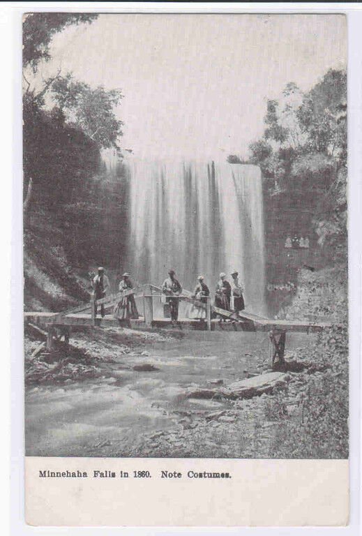 People at Minnehaha Falls in 1860 Minneapolis Minnesota 1909 postcard