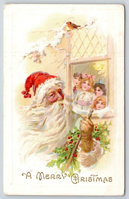 Victorian Christmas~Santa Outside~Girl at Window~Beard Blows in Wind~AS Meeker 