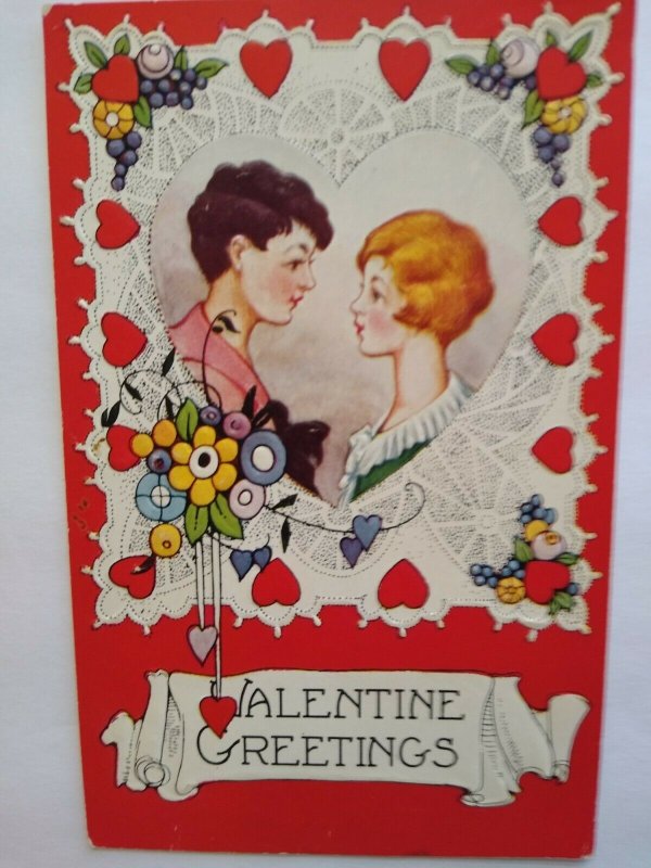 Valentines Day Postcard Lovers Inside Heart Embossed Unused Fancy Fruits Border