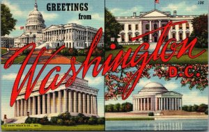 Vtg Washington DC Capitol White House Large Letter Greeting 1940s Linen Postcard