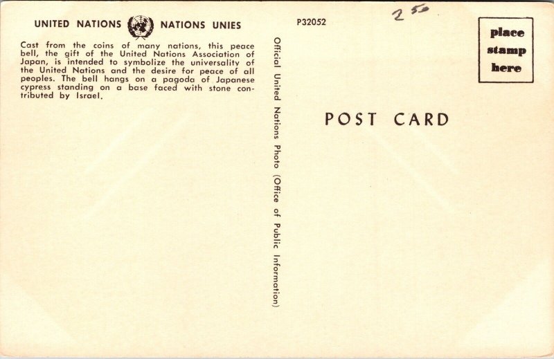 Peace Bell United Nations Association Japan Postcard UNP VTG Unused Vintage 