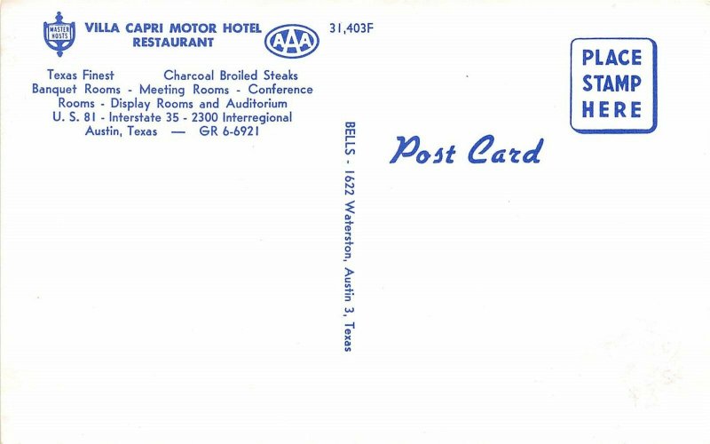 Austin Texas 1960s Postcard Villa Capri Motor Hotel Restaurant