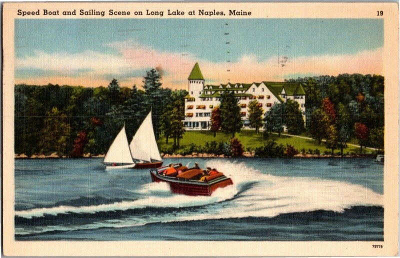 Speed Boat and Sailing Scene on Long Lake Naples ME c1953 Vintage Postcard T09