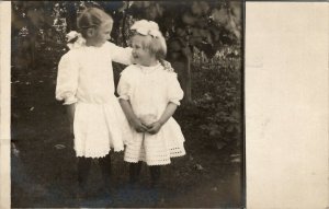 RPPC Brockton Mass Sweetest Girls Sisters in Yard Hair Bows to MN Postcard V10