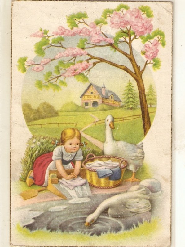 Little ghirl washing in river. Gooses Lovely viontage Spanish postcard