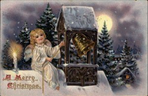 Tuck Christmas Little Girl Angel at Bell Tower c1910 Vintage Postcard