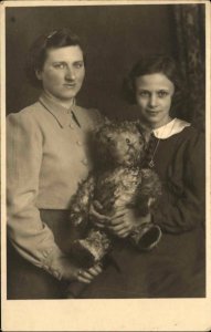 Mother Daughter & Teddy Bear Posing Real Photo Postcard