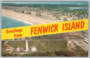 GREETINGS FROM FENWICK ISLAND DELAWARE AERIAL VIEW VINTAGE BANNER POSTCARD