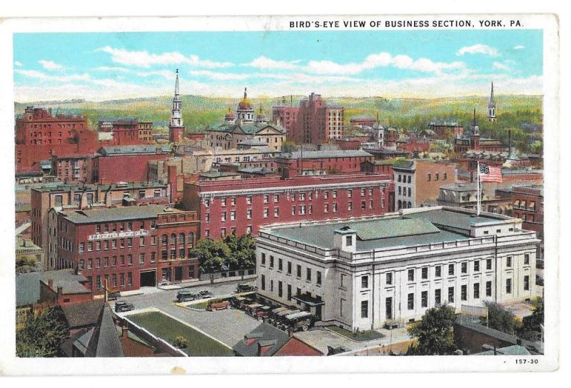 York PA Business District Birds Eye View Vintage Postcard