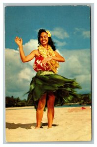 Vintage 1950's Postcard Hula Dancer Grass Skirt on the Beaches of Hawaii