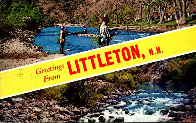 New hampshire Littleton Greetings Showing Fishing Scene 1961