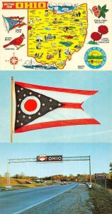 Ohio OH   WELCOME SIGN & STATE FLAG & MAP~Roadside Attractions   *3* Postcards