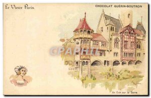 Old Postcard Old Paris Au Bon Marche A corner on the Seine Chocolate Guerin B...