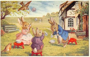 Rabbits Blowing Bubbles Racey Helps Fantasy Art Illustration ca 1960s Postcard