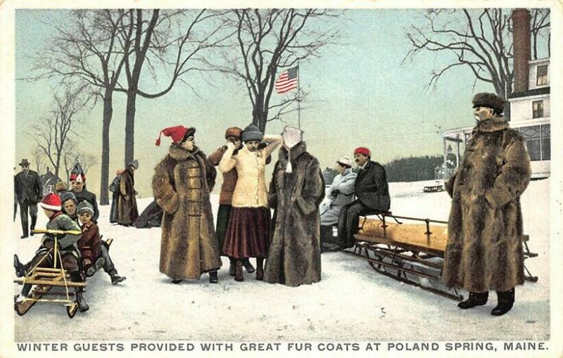 Poland Spring ME Winter Guests Great Fur Coats Sledding Detroit Publishing PC