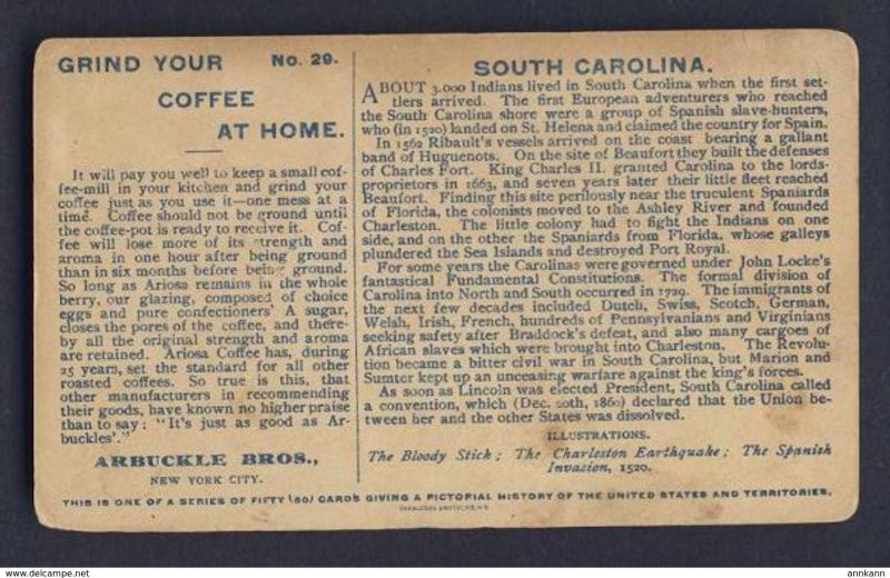 SOUTH CAROLINA, INDIANS - ARBUCKLE COFFEE VICTORIAN TRADE CARD c.1892