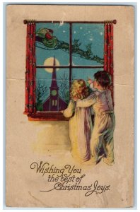 c1910's Christmas Children On Window Santa Reindeer Sleigh Antique Postcard