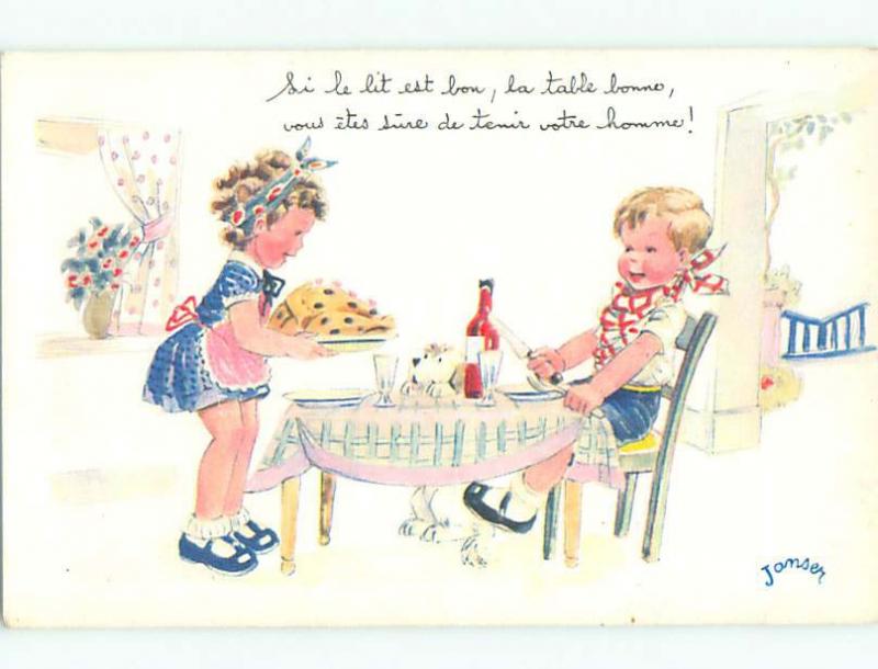 Pre-1980 foreign signed DOG WATCHES CUTE FRENCH GIRL SERVES TURKEY DINNER k6517