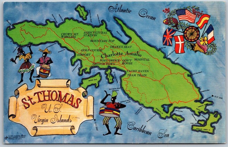 Vtg Virgin Islands St Thomas Map Five Flags US Spain France UK Denmark Postcard