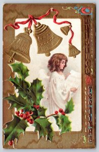 Christmas~Angel~Song Sheet~Gold Bells~Holly~Textured Gold~c1910 Vintage Postcard