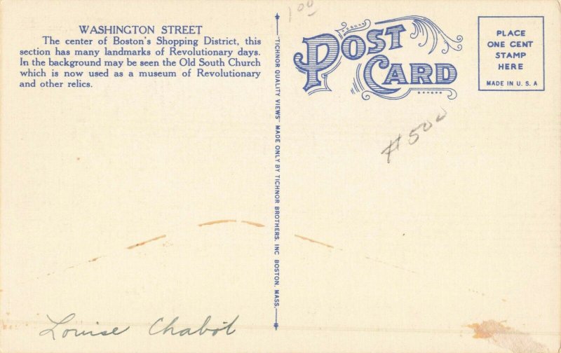 Postcard Washington Street at Summer Boston Massachusetts