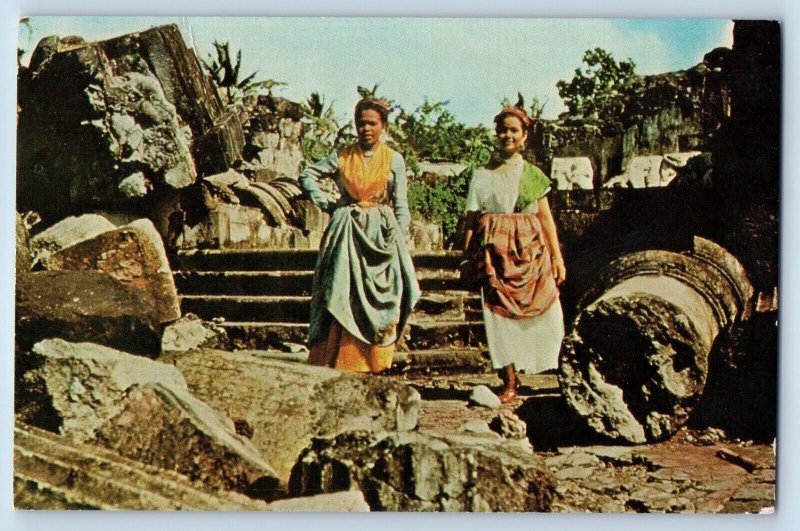 Martinique France F.W.I Postcard Two Girls in Site of Old St. Pierre c1960's