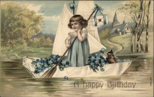 Birthday Little Girl with Kitty Cat in Boat Embossed c1910 Vintage Postcard