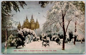 Salt Lake City Utah 1912 Postcard Winter Scene In Temple Grounds Mormon
