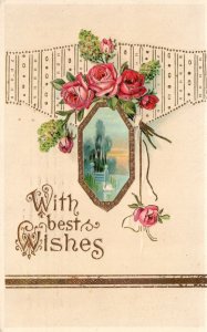 Vintage Postcard 1914 With Best Wishes Greetings Card Swan Lake Framed Flowers