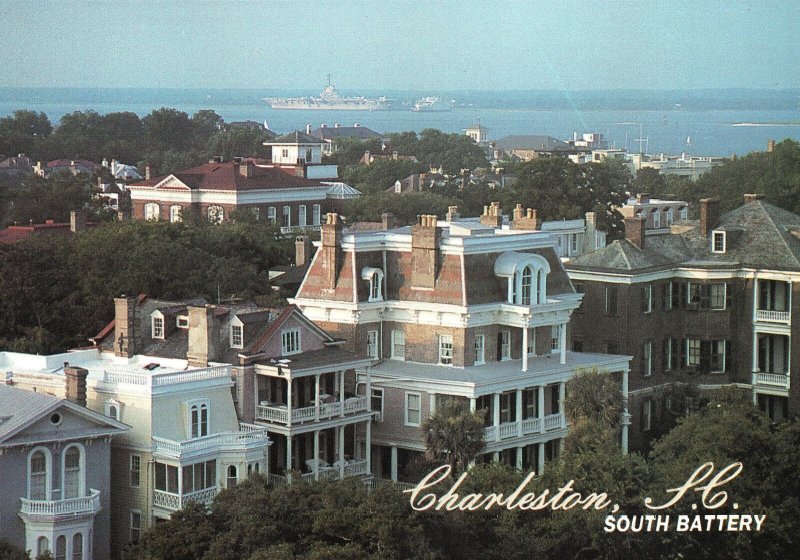 VINTAGE CONTINENTAL SIZE POSTCARD SOUTH BATTERY CHARLESTON VIEW SOUTH CAROLINA