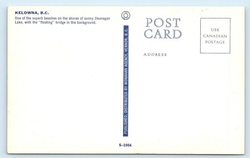 KELOWNA Beach - Bridge B.C. CANADA Postcard