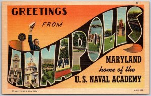 Greetings From Annapolis Maryland Home Of US Naval Academy Large Letter Postcard