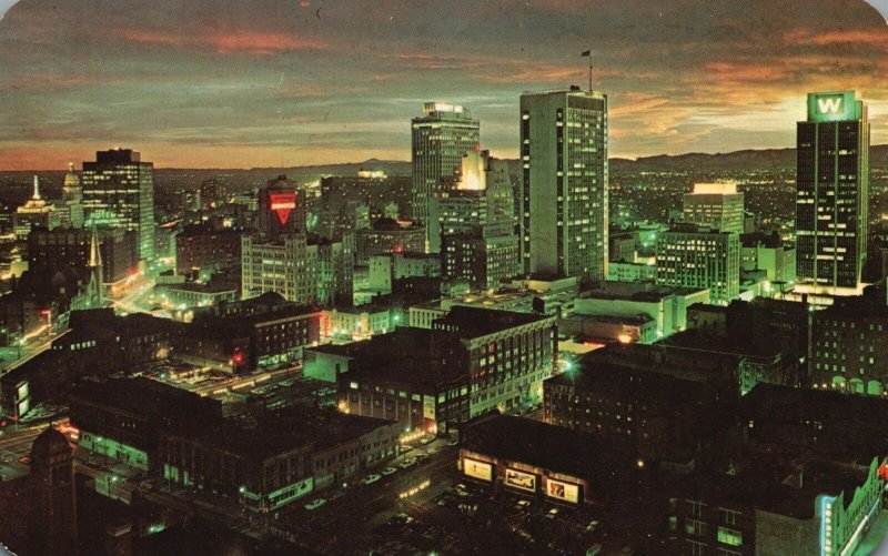 Vintage Postcard Panorama Of Downtown Denver Skyscrapers At Night Denver CO