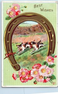 Dodge Nebraska NE Postcard Best Wishes Horseshoe Dogs Flowers Embossed 1911