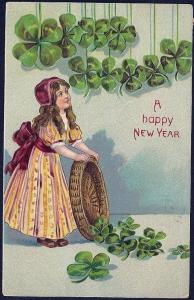 Happy New Year Girl Basket & 4-Leaf Clover used c1909