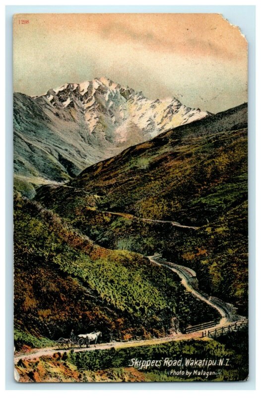 1915 New Zealand to Aurora Illinois USA Skippers Road Wakatipu Postcard 
