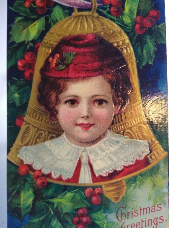 Victorian Christmas Postcard Girl Bell Ornament Series 1480 Germany 1909 Antique