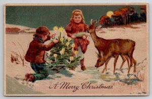 Christmas Children With Tree And Deer Postcard U26