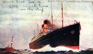 c1910 WHITE STAR LINE R.M.S.BALTIC APPROACHING LIVERPOOL  POSTCARD P1017