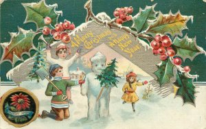 Embossed Christmas Postcard Nash Children Series 1 Kids Build Snowman Merry Xmas