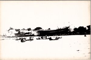 Kennebunkport Maine Ship on Weighs People Rowing Postcard Z17