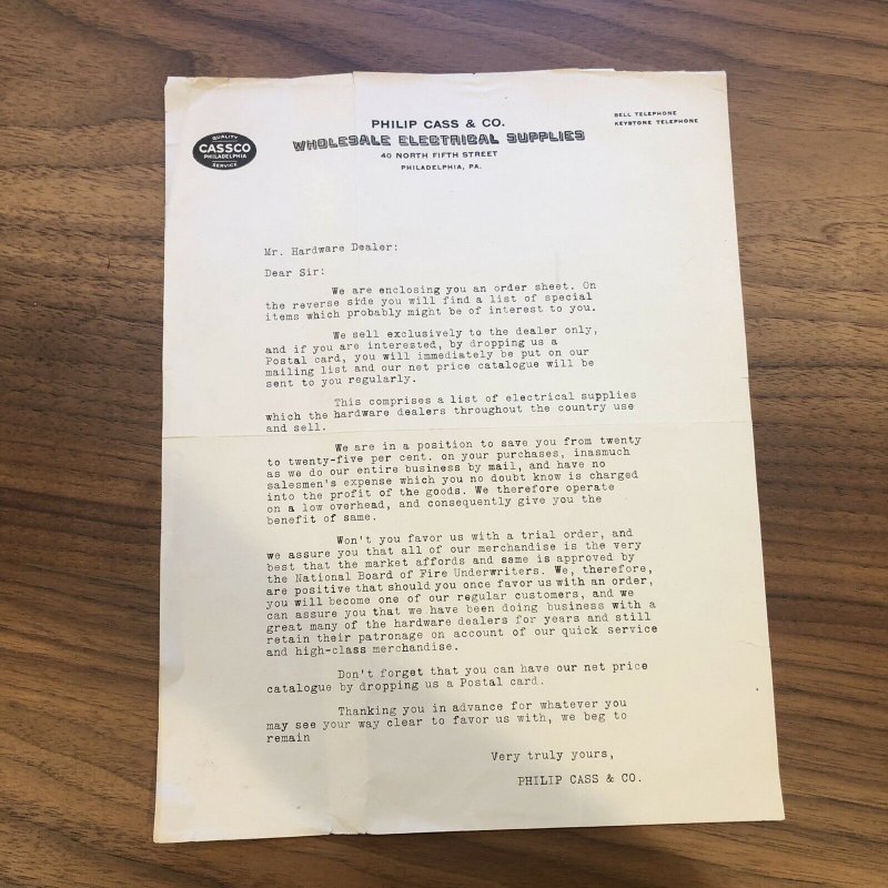 Vintage Electrical Supplies Appliances PHILIP CASS Co Letter