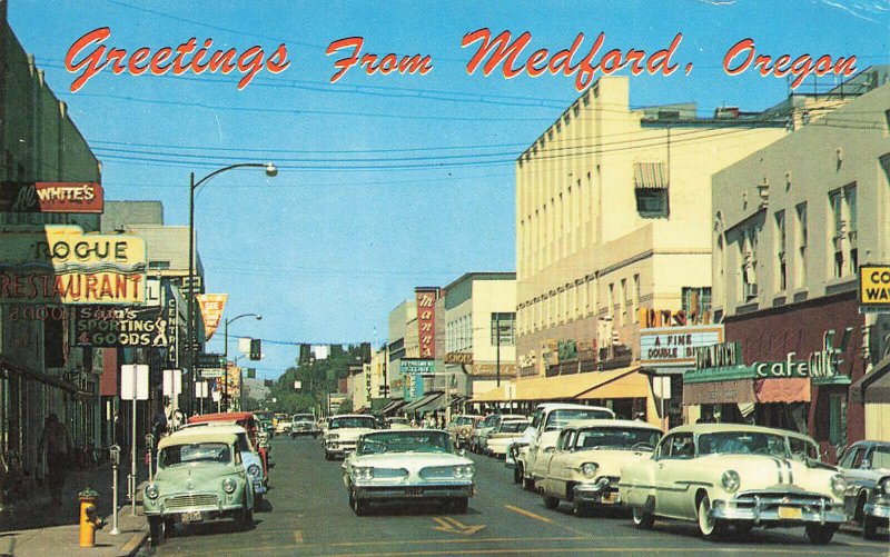 Medford OR Central Street Theatre Marquee Storefronts Old Cars 1965 Postcard