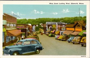 Ellsworth Maine Main Stree Looking West Colorful Storefronts Cars Postcard Z21