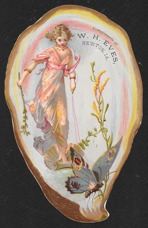 VICTORIAN TRADE CARD Eves Oyster Shell Pretty Lady & Butterfly