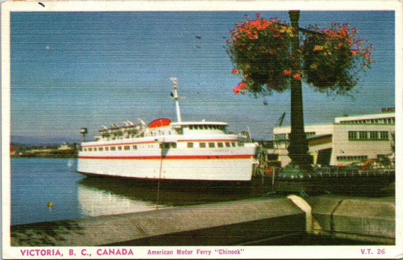 Victoria BC Canada American Motor Ferry Chinook Linen Postcard VTG PM Cancel WOB 