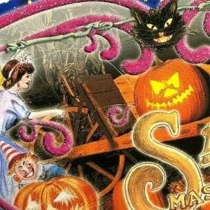 Salem MA Halloween postcard mask JOL black cats fairy goblins glitter