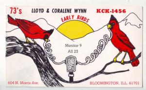 P1118 unused 2 red cardinals radio card lloyd & coralene wynn bloomington ill.